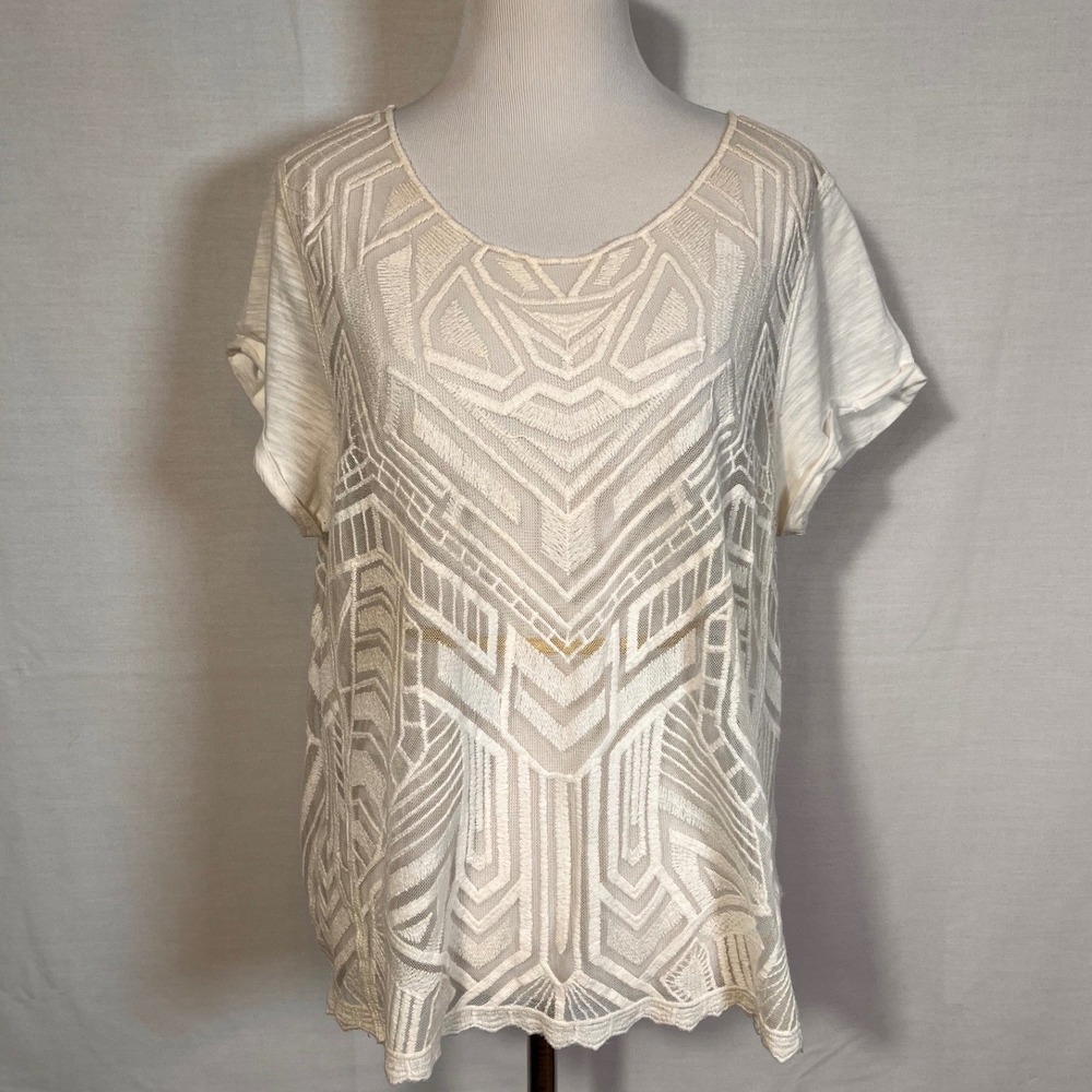 Express Women Cream Geometric Embroidered Lace Mesh Short Sleeve Top Large 90099